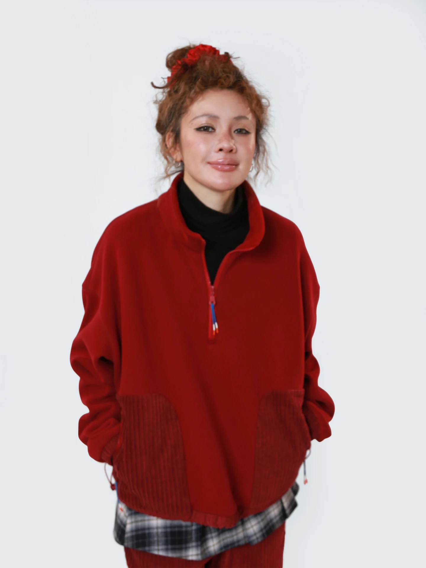 

Red Fur Lined Hoodie f Zipper Stand Collar Oversized Retro Women's New Year Clothing Casual Long Sve Thermal Top