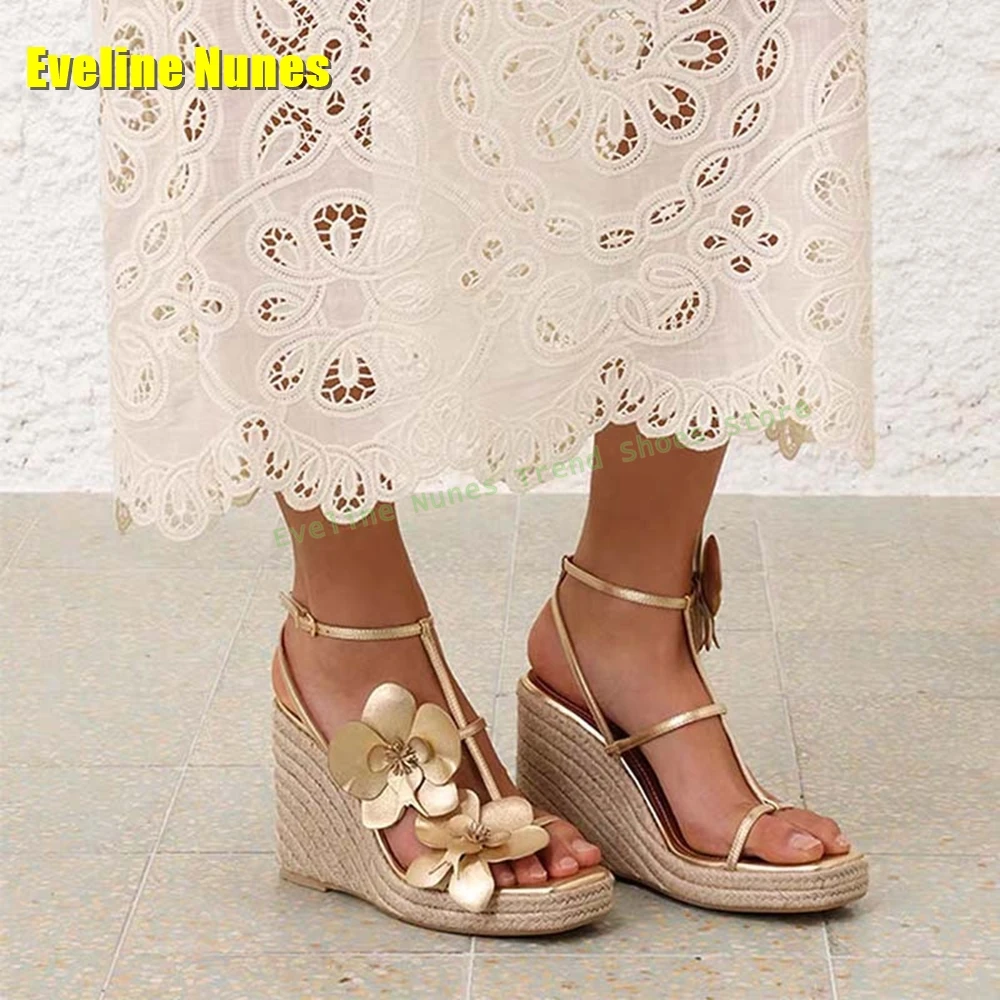 

Golden Flowers Woven Wedges Sandals Open Toe Shallow Buckle Strap Women Fashion High Heels 2025 Summer Dress Party New Arrivals