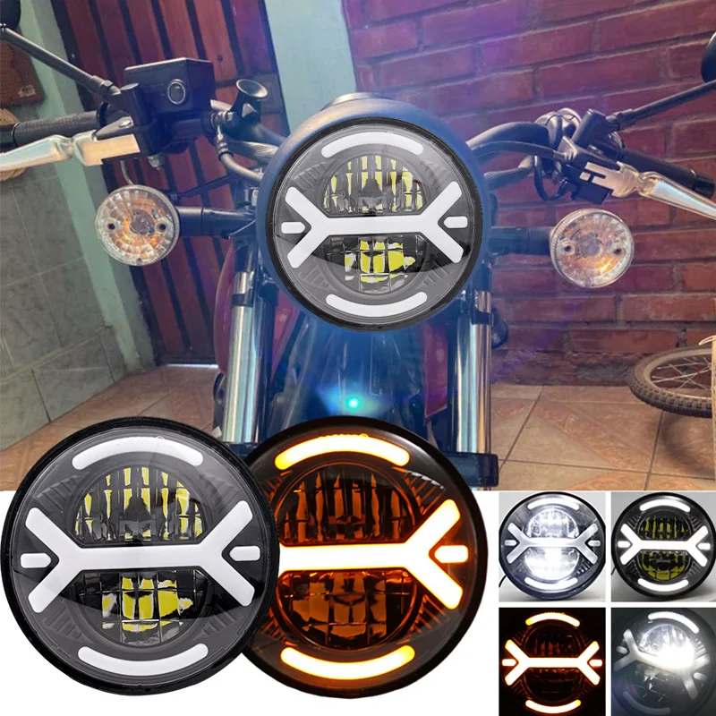 Universal Motorcycle Headlamp Cafe Racer Bobber 5.75 Inch DRL Angel Eyes H4 Led Headlight Spiral White Side Mount Bracket Parts