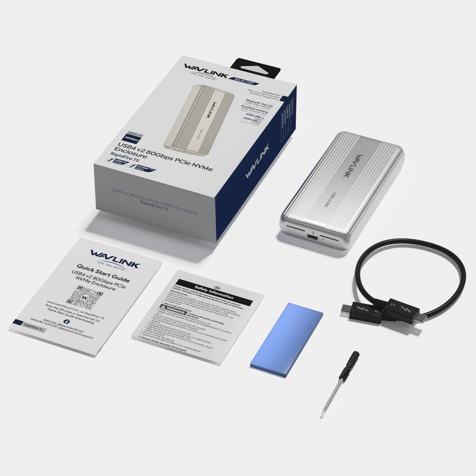WAVLINK 80Gbps USB4 V2 PCle Gen4 NVMe SSD Enclosure JHL9480 Bertenaga 6000+MB/s Baca & 5000+MB/s Tulis Kompatibel dengan TB4/5