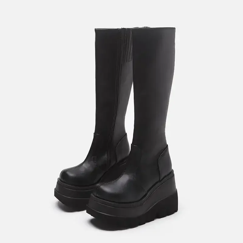 Knee High Shaft Shoes Woman Heels Elegant Heeled Round Toe Black Long Boots for Women Chic Fashion 2024 Winter Novelty Gyaru New image 2