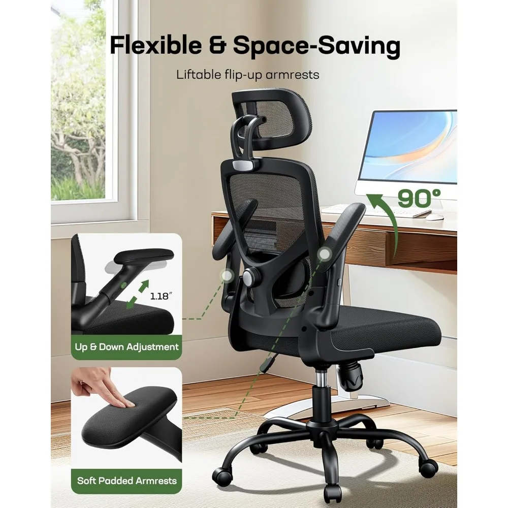 Office Chair High Back Desk Chair Adjustable Lumbar Support with Headrest Flip-Up Liftable Arms Swivel Computer Task Chair