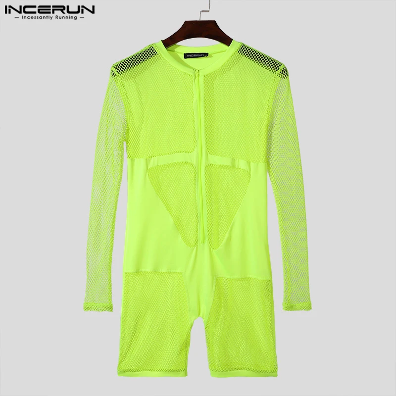 INCERUN Men Bodysuits Mesh Patchwork Transparent Sexy O-neck Long Sleeve Male Rompers 2024 Skinny Fashion Bodysuit Men S-3XL