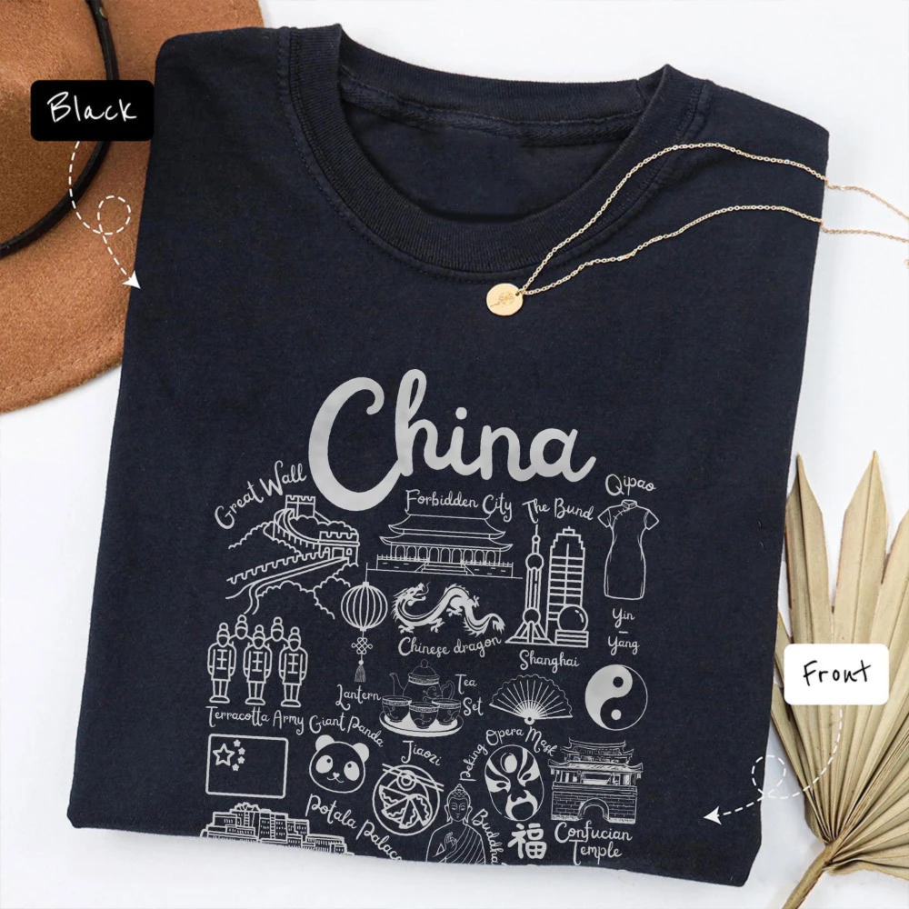 China Tourist Souvenir Tee Cotton Shirt China Doodles Landmarks Unisex T-Shirt China Travel Gift Souvenir Chinese Casual Tees