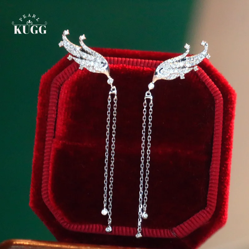 

KUGG 100% 18K White Gold Earrings Elegant Angel Wings Shape Real Natural Diamond Drop Earrings for Women High Party Jewelry