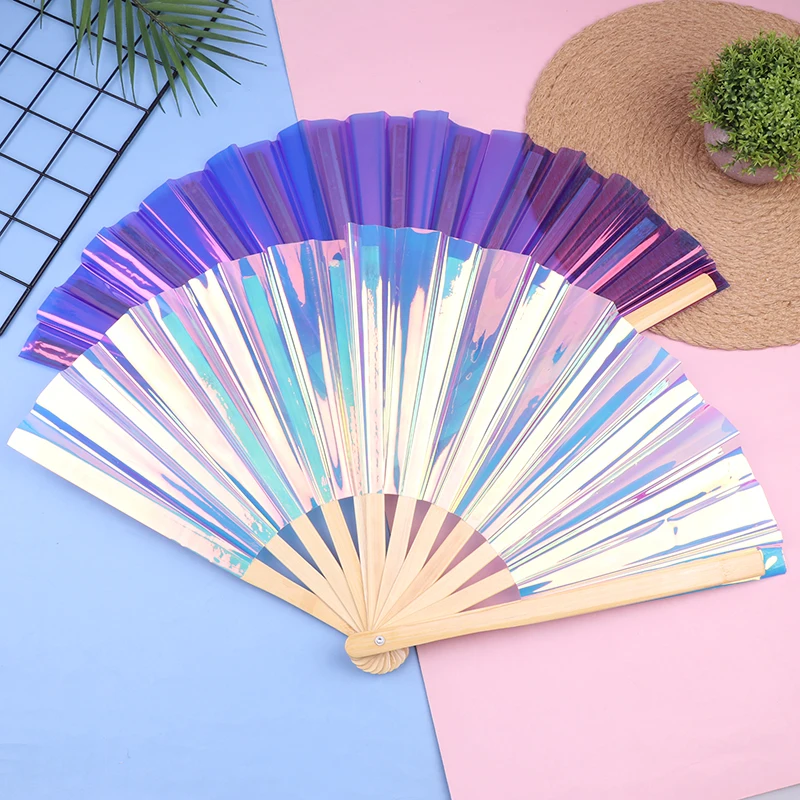 1Pc PVC Tai Chi Fan 33cm Bamboo Fan Laser Kung Fu Folding Fan Craft Gifts Stage Performance Dance Party Photography Props Fan