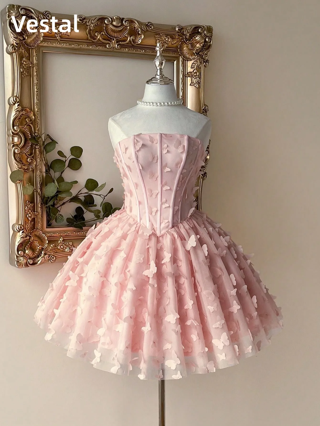 

Blush Pink Strapless Butterfly Homecoming Dress Corset Tulle Prom Dress Birthday Cocktail Party Customized