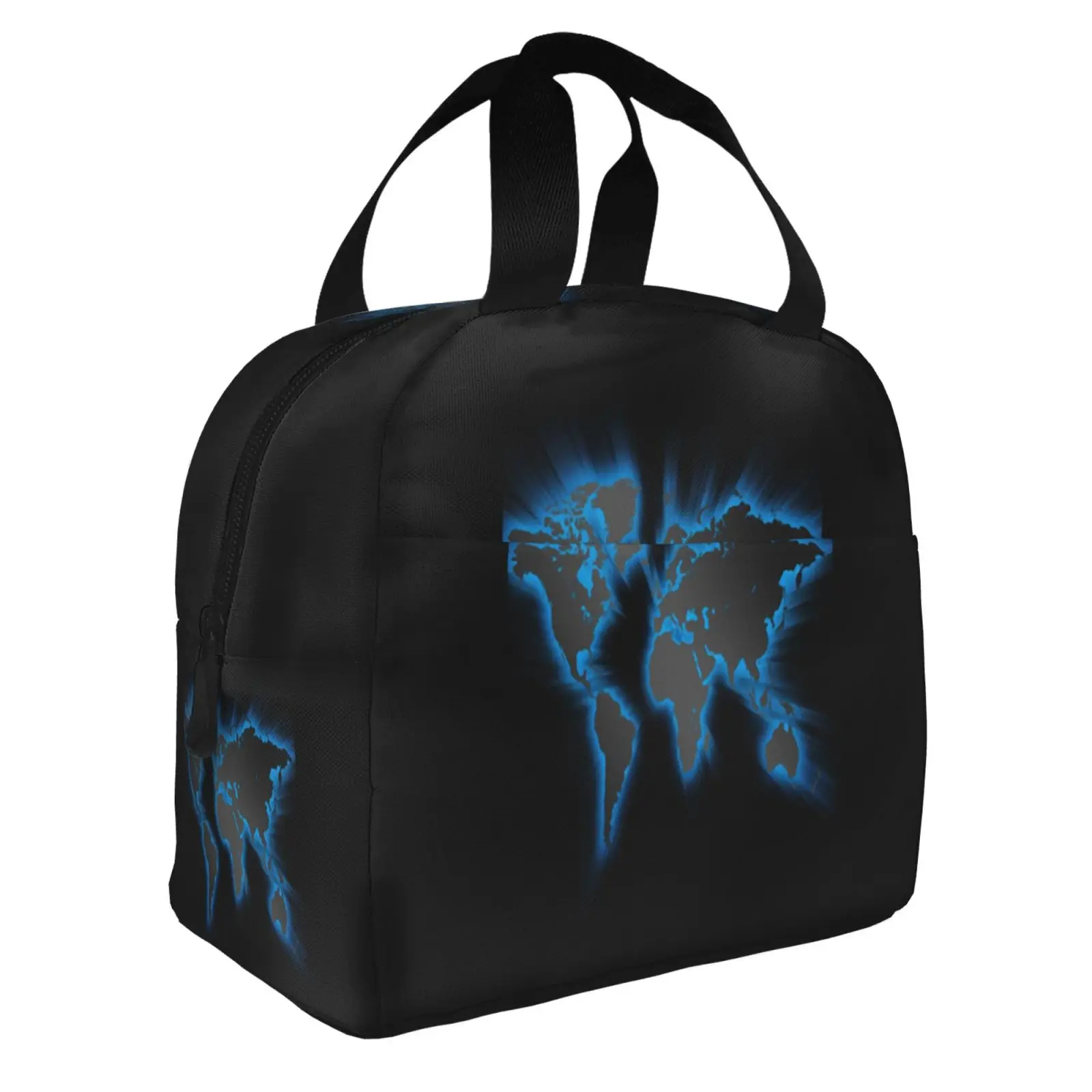 Emitting Blue Light World Map Pattern Print Lunch Bag Portable Thermal Cooler Insulated Bento Box for Kids Food Tote Bags