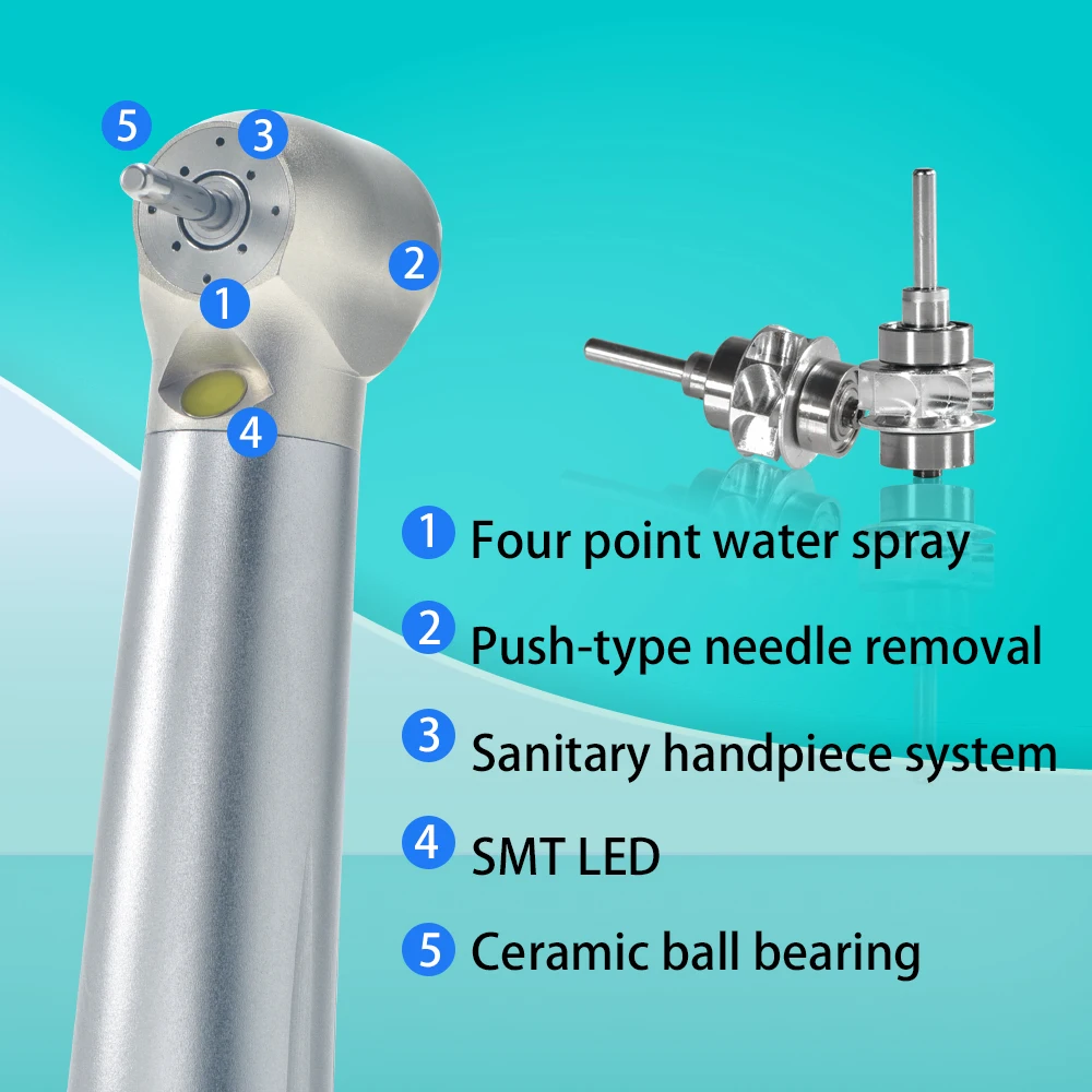 MBM High Speed Dental Handpiece with LED Light Stainless Steel Handpiece Four Water Spray 2/4 Hole Dentist Cutting Tool