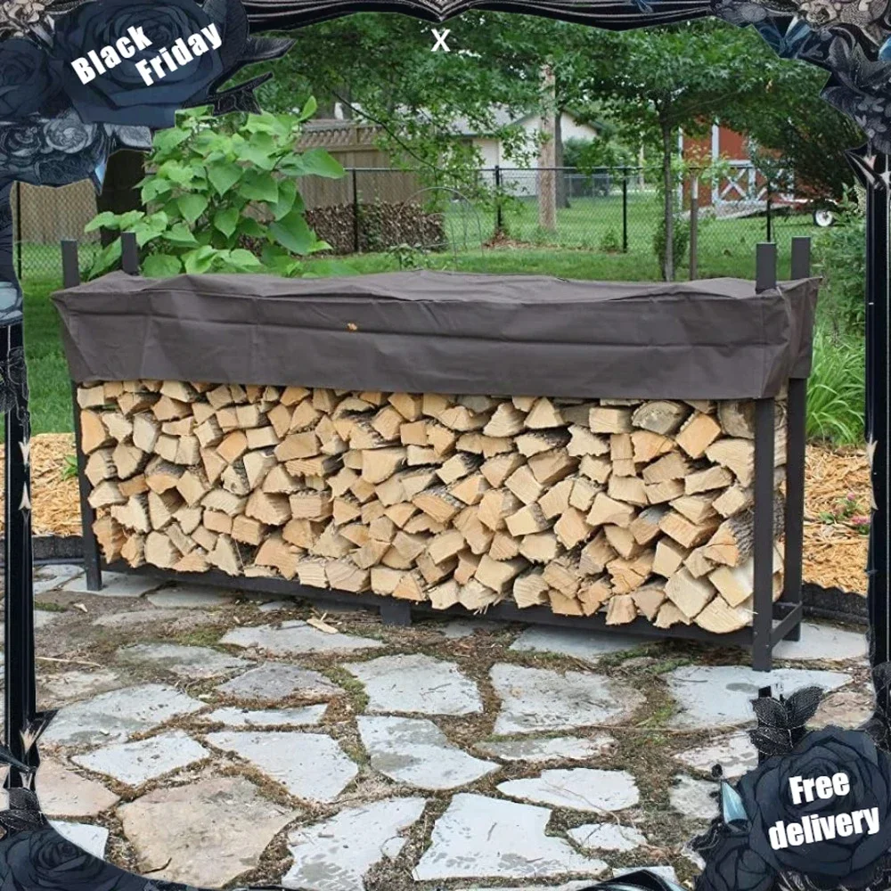 10 Foot Brown Outdoor Firewood Rack With Optional Seasoning Cover - Made In USA - Holds 1/2 Plus Cord Of Firewood