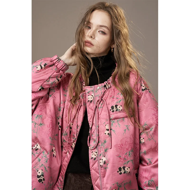 ELFSACK 2025 Winter Nieuwkomers Casual Vintage Panda Bamboe Print Chinese Stijl Donsjack Voor Vrouw