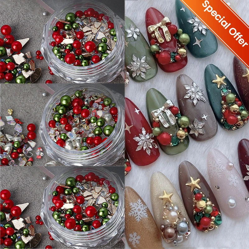 Perle de noël rouge/verte pour ongles, strass, taille mixte, perles colorées nacrées, cœur, papillon, breloques pour ongles, bijoux de manucure