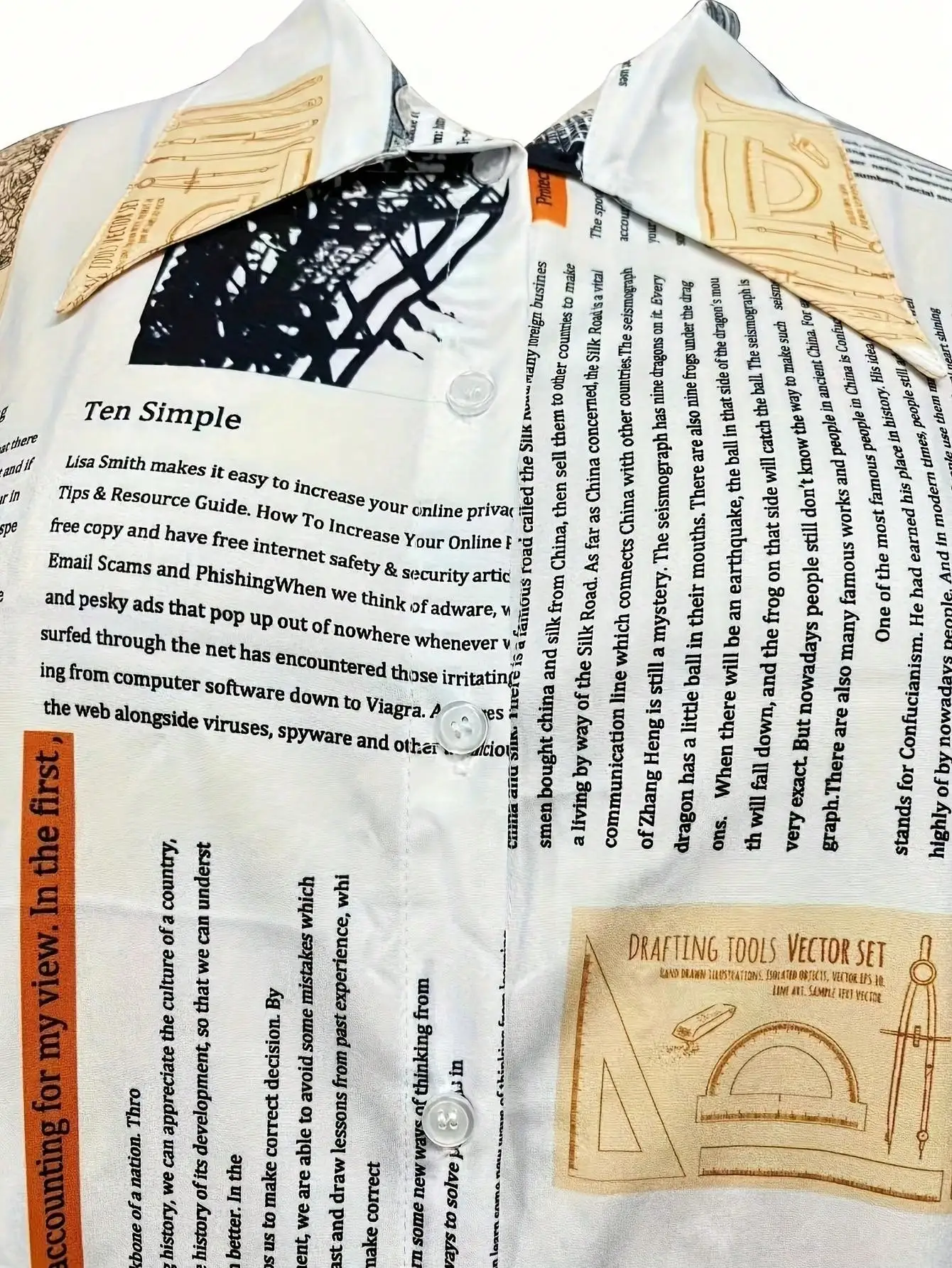 Übergrößen Damen Hemdbluse mit Zeitungsdruck, Knopfleiste und Schlitz am Saum, Locker Sitzende Freizeitbluse