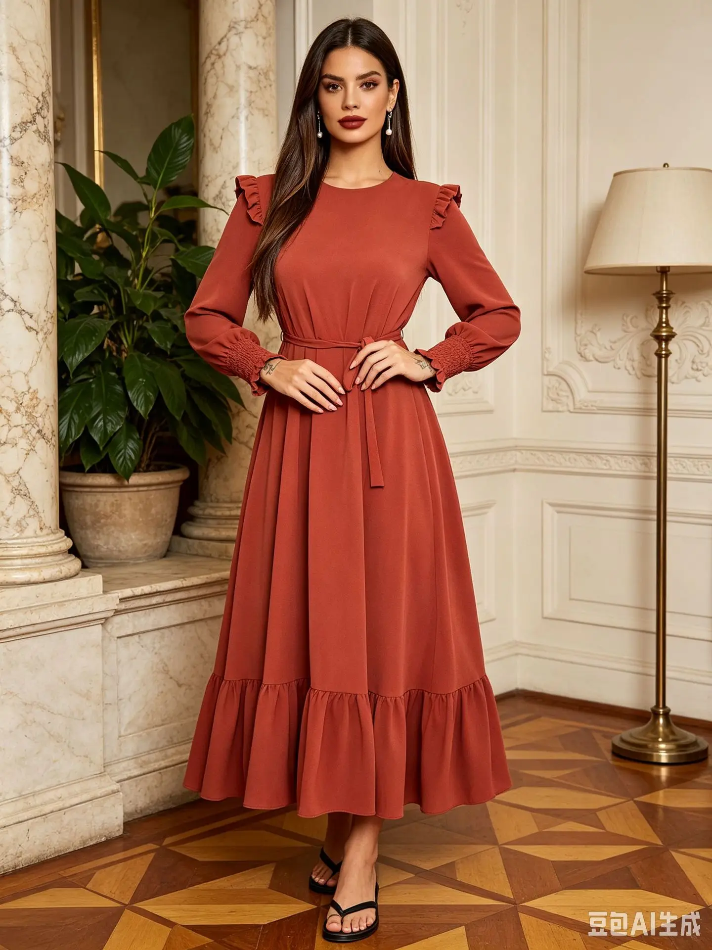 Damen Langarm-Rüschen-Maxikleid mit Gürtel, Lässiges Büro-Party-Swing-Kleid, O-Ausschnitt, Lange Kleider, Herbst-Winter, Vestidos 2027 – Detail 1