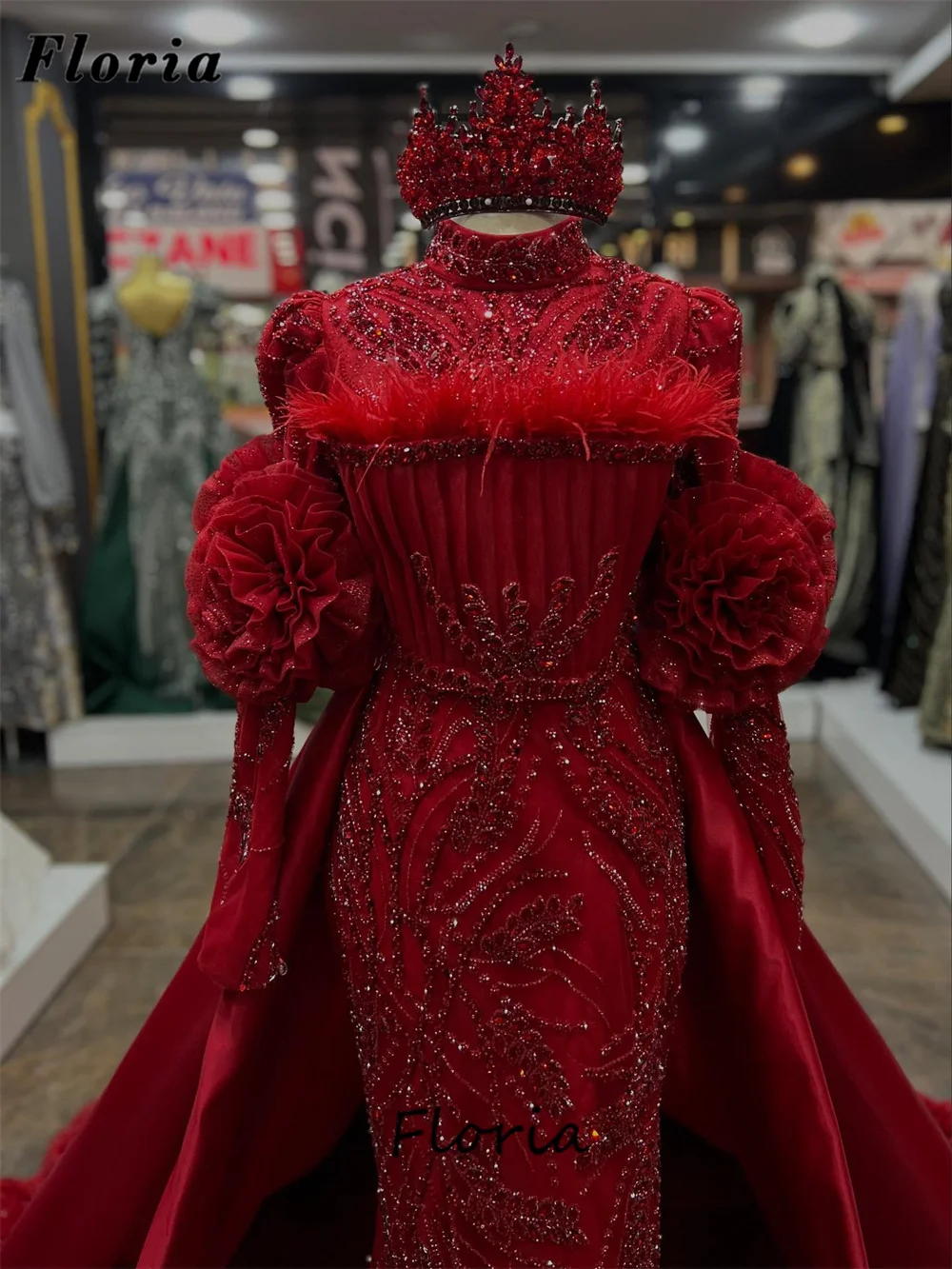 فساتين سهرة إسلامية عنابي برقبة عالية مع تدفق تنورة قابلة للانفصال مطرز بكريستال للحفلات الراقصة فساتين حفلات الزفاف حسب الطلب #4