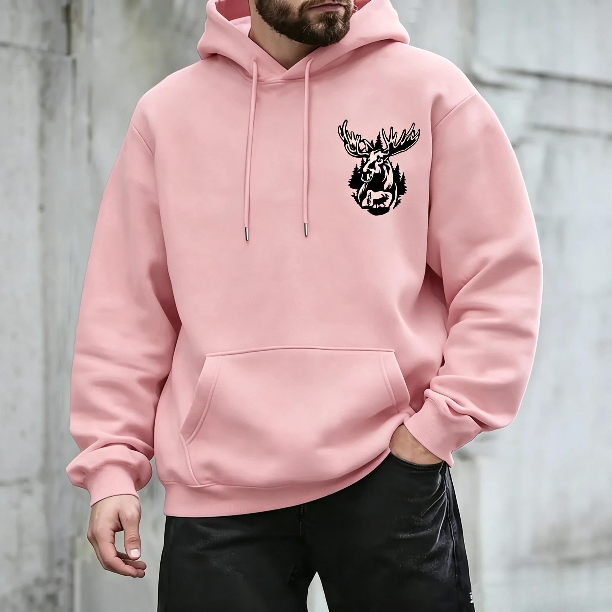 Moose Graphic Hoodie Men Women Loose Hooded Sweatshirt Forest Elk Silhouette Print Pullover Casual Streetwear Tops