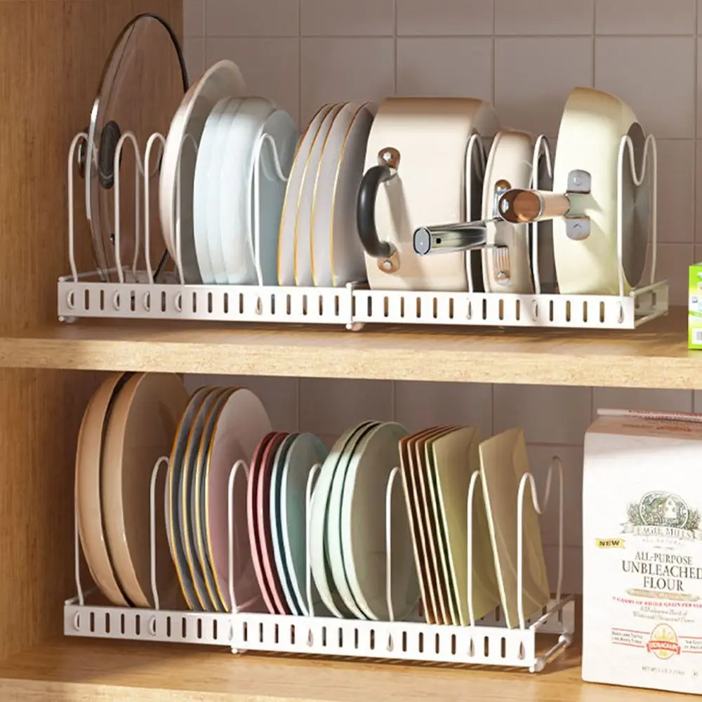 

New Expandable Dish Rack Adjustable Compartments Pot Rack White Pans Organizer Rack