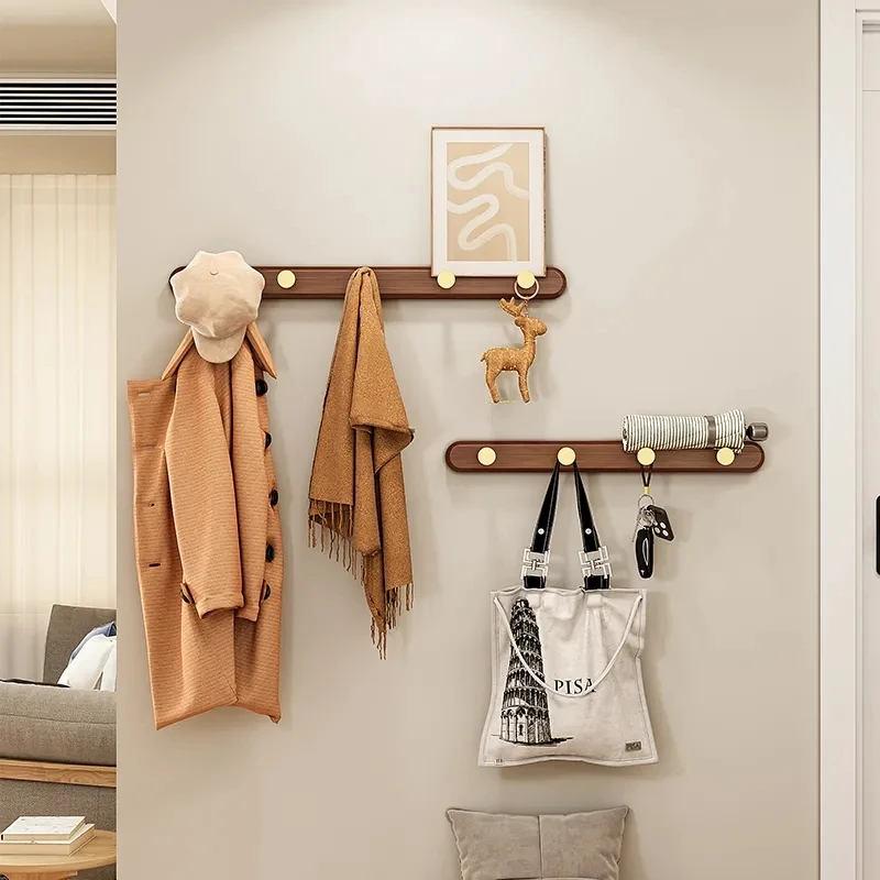 Black Walnut Solid Wood Brass Clothes Hook Entrance Foyer Coat Racks Wall Hanging Scarf Hats Keys Storage Shelf Furniture Decor image 2