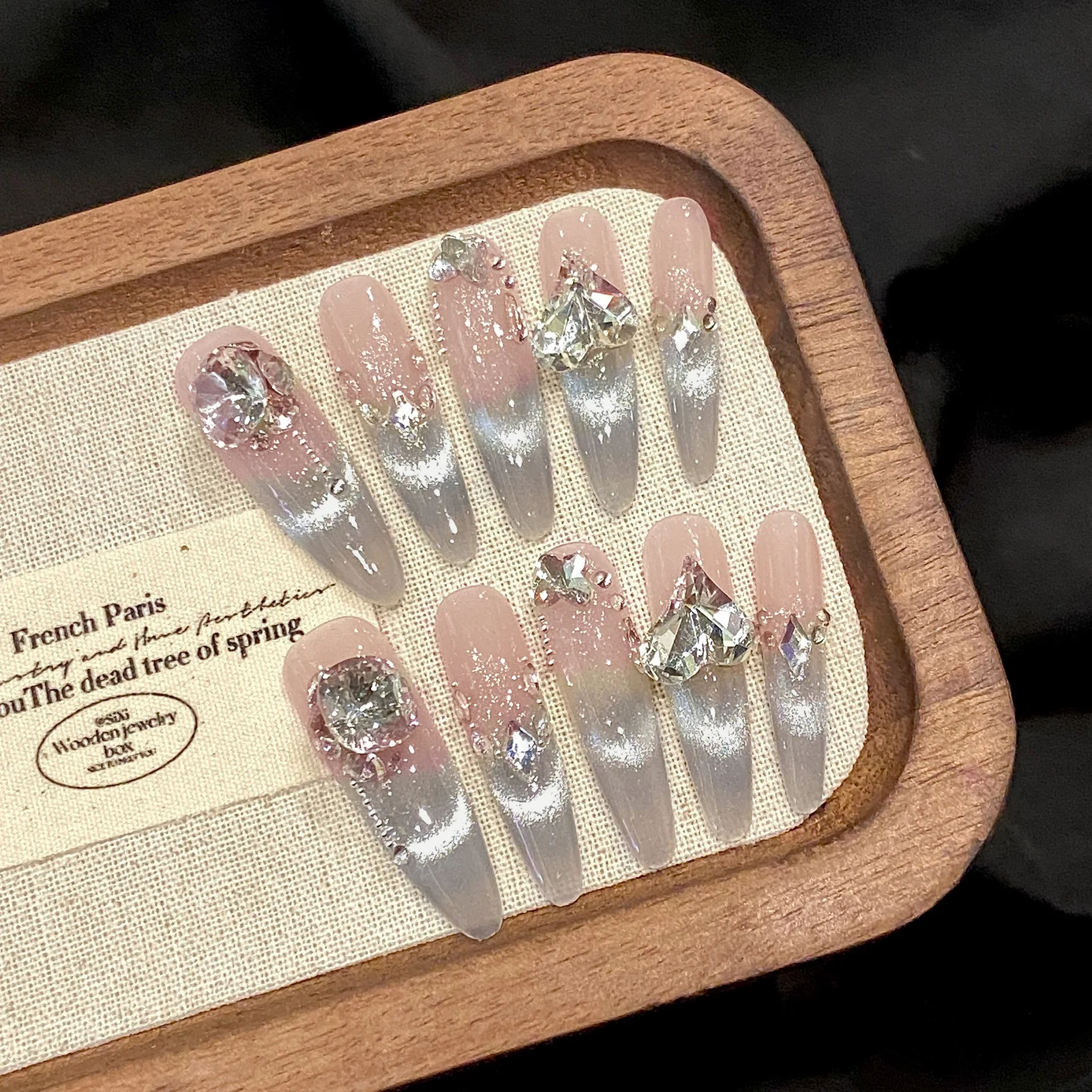 

10pcs Handmade Press On Nails Glossy Rhinestone Decor Flash Cat's Eye French Style Fake Nails Wearable Long Almond False Nails