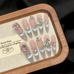 10pcs Handmade Press On Nails Glossy Rhinestone Decor Flash Cat's Eye French Style Fake Nails Wearable Long Almond False Nails
