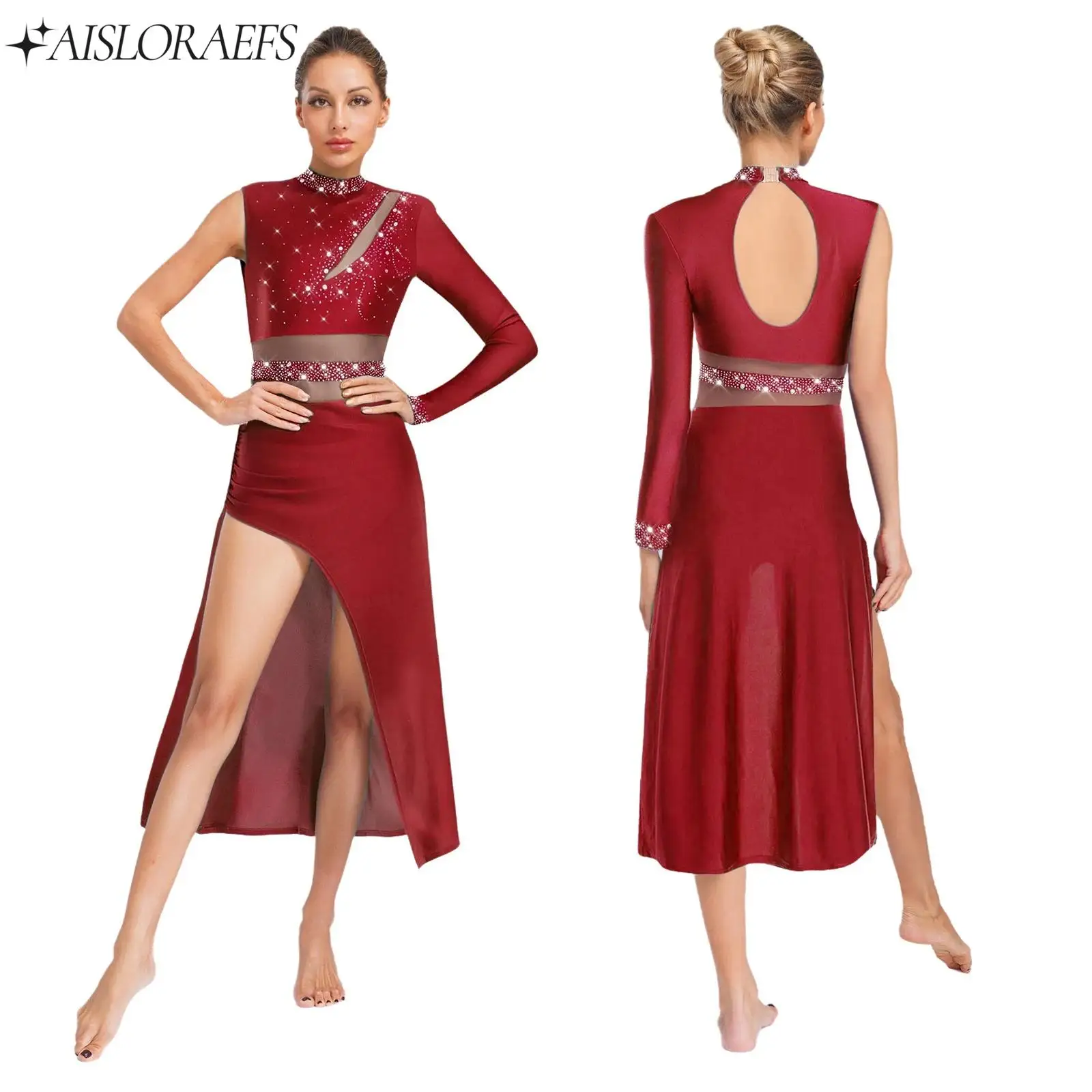 

Womens Lyrical Dance Dress Contemporary Modern Dance Costume One Sleeve Rhinestone Leotard Dress Figure Ice Skating Dance Wear
