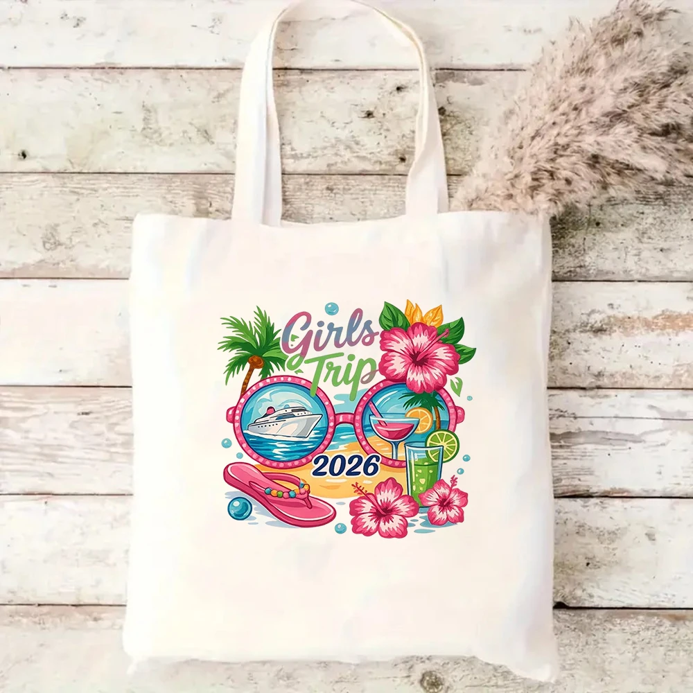 

Girls Trip 2026 Canvas Tote Bag Funny Cruise Ship Hibiscus Flower Sunglasses Graphic Reusable Beach Travel Shoulder Handbag