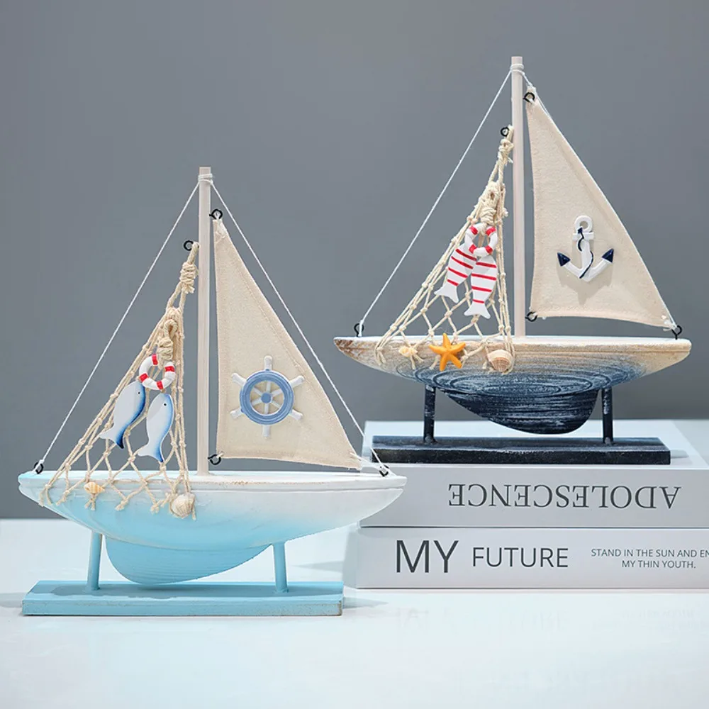 Wooden Sailboat Model Decor Wood Sailing Boat Ship Figurine Handmade Rustic Vintage Beach Nautical Ocean Theme Sailboat Decor