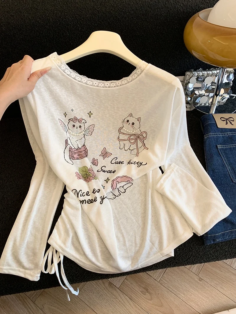 

Summer Design Sense Drawstring Sun Protection Long Sleeve T-Shirt Women's Korean Style Commute Straight Tube Print Lace