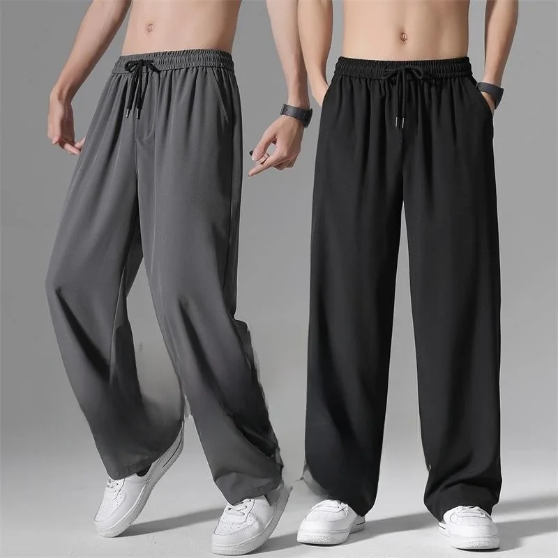 

Мужские тонкие прямые свободные повседневные спортивные брюки из ледяного шелка для лета: охлаждающие, дышащие, легкие, модные, для подростков