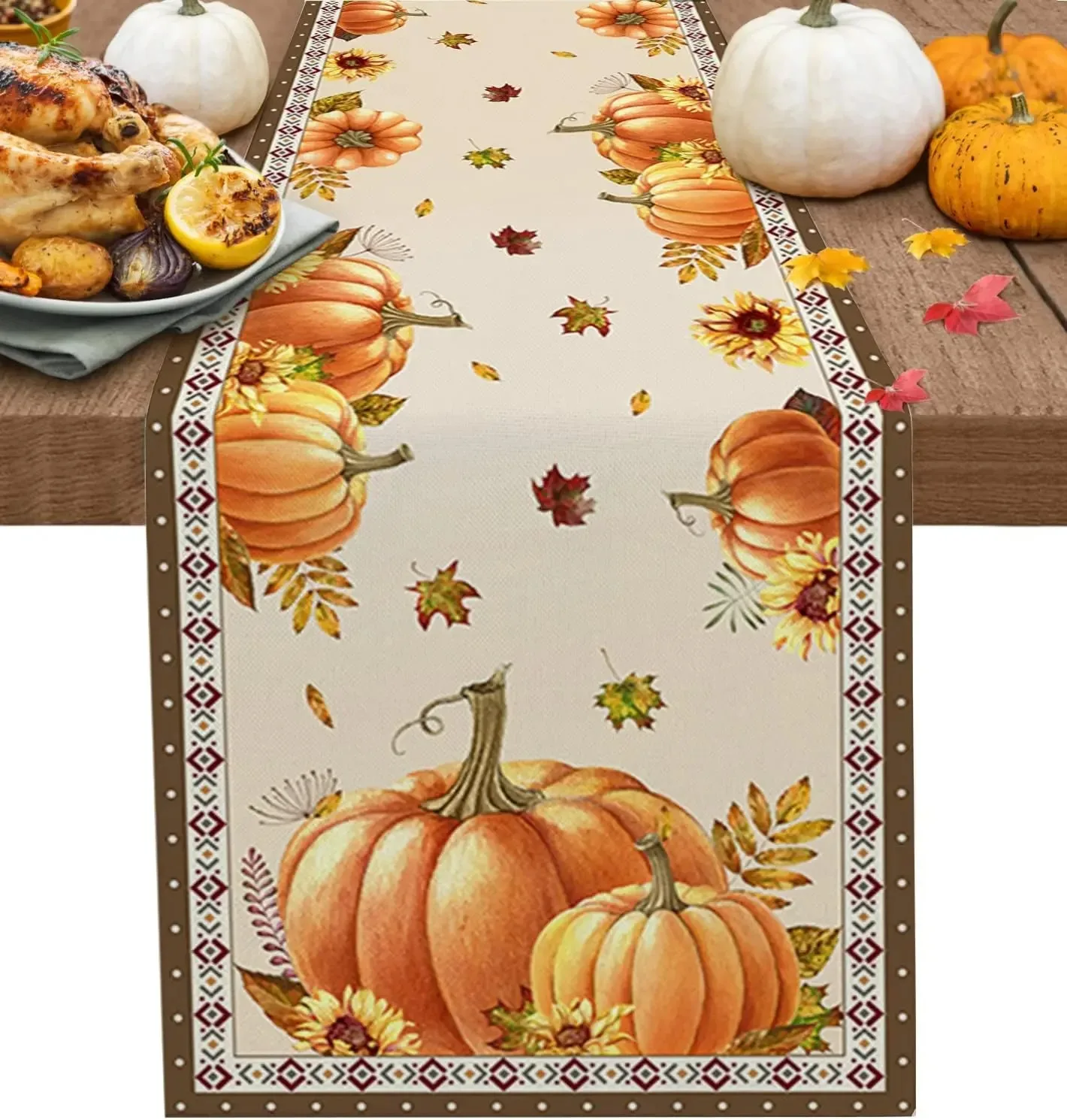 1pc Fall Pumpkin Maple Leaves Table Runner Holiday Party Decor Washable Kitchen Dining Table Runner Autumn Thanksgiving Decorati