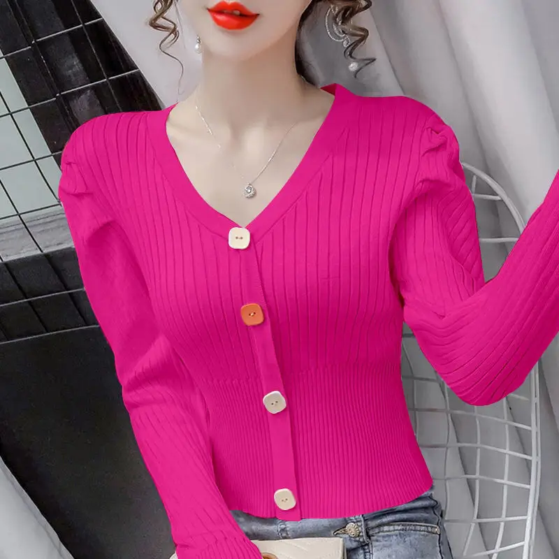 Pullovers Ladies Fashion Buttons Solid Color V-neck Long Sleeve Top Tee Autumn New All-match Pullover Knitting Sweater Women\'s