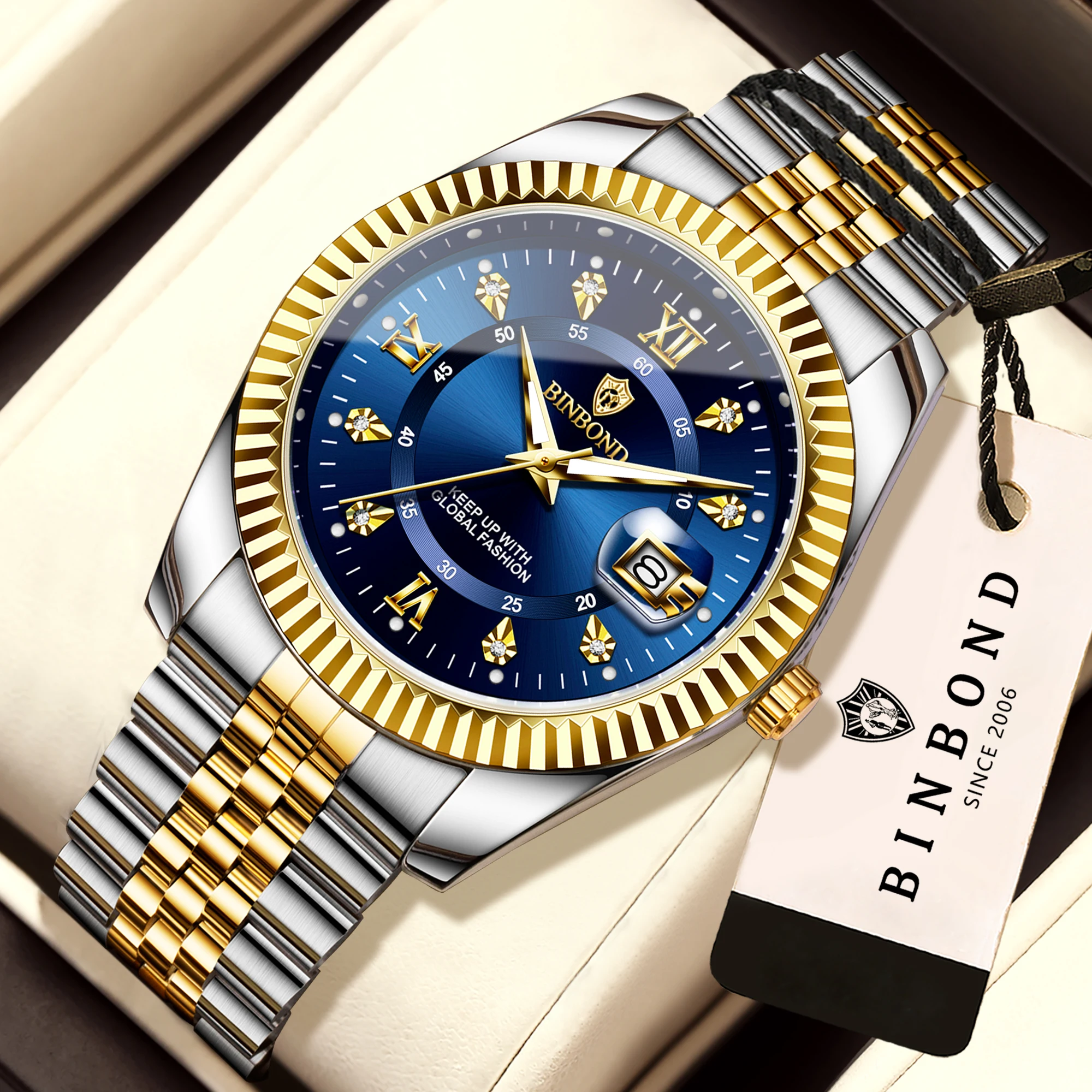 BINBOND Quartz Wristwatches For Men Luminous Waterproof Men's Watch Luxury Reloj Hombre Stainless Steel Montres Hommes +Box