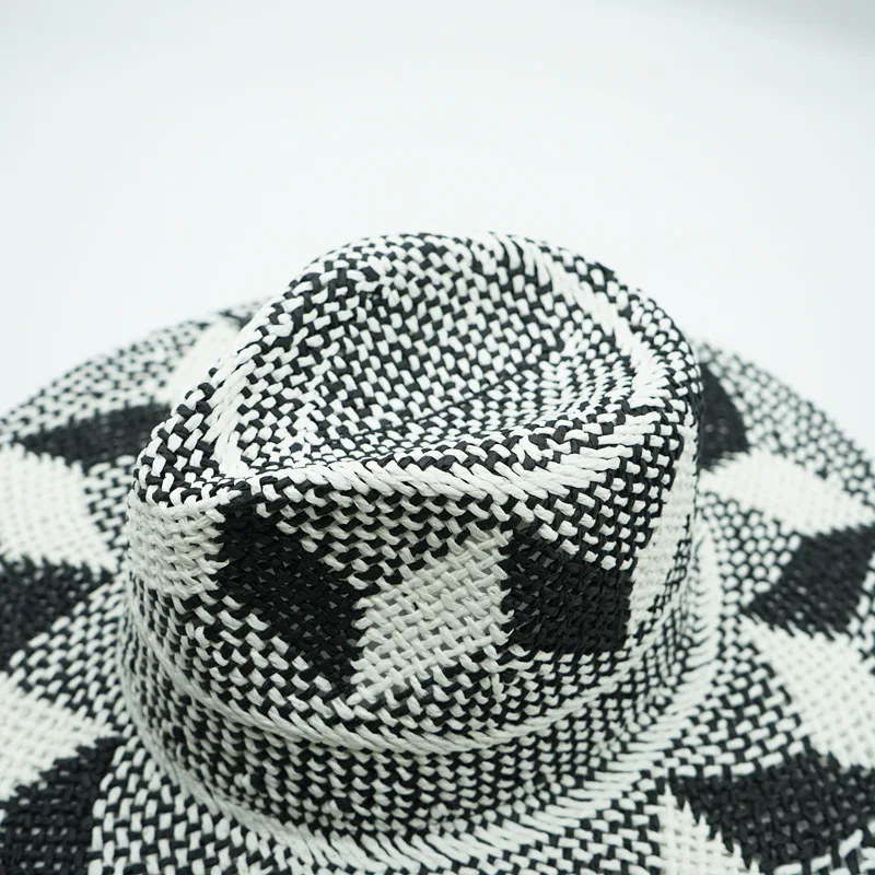 Black White Flower Pattern Wide Brim Panama Hats Handmade Straw Fedora Summer Sun Hat for Women Men Beach Travel Hat Adjustable