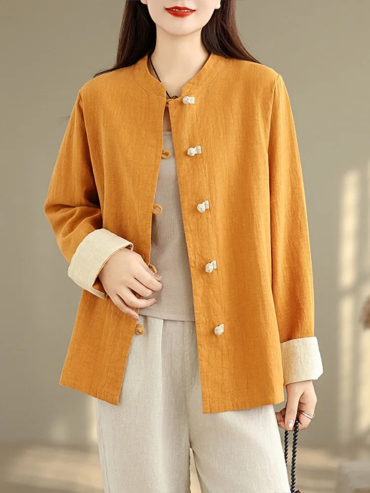 New Chinese Style Women's Cotton Linen Shirt Coat with Button Closure Loose Fit Long Sleeve UV Protection Daily Wear Top