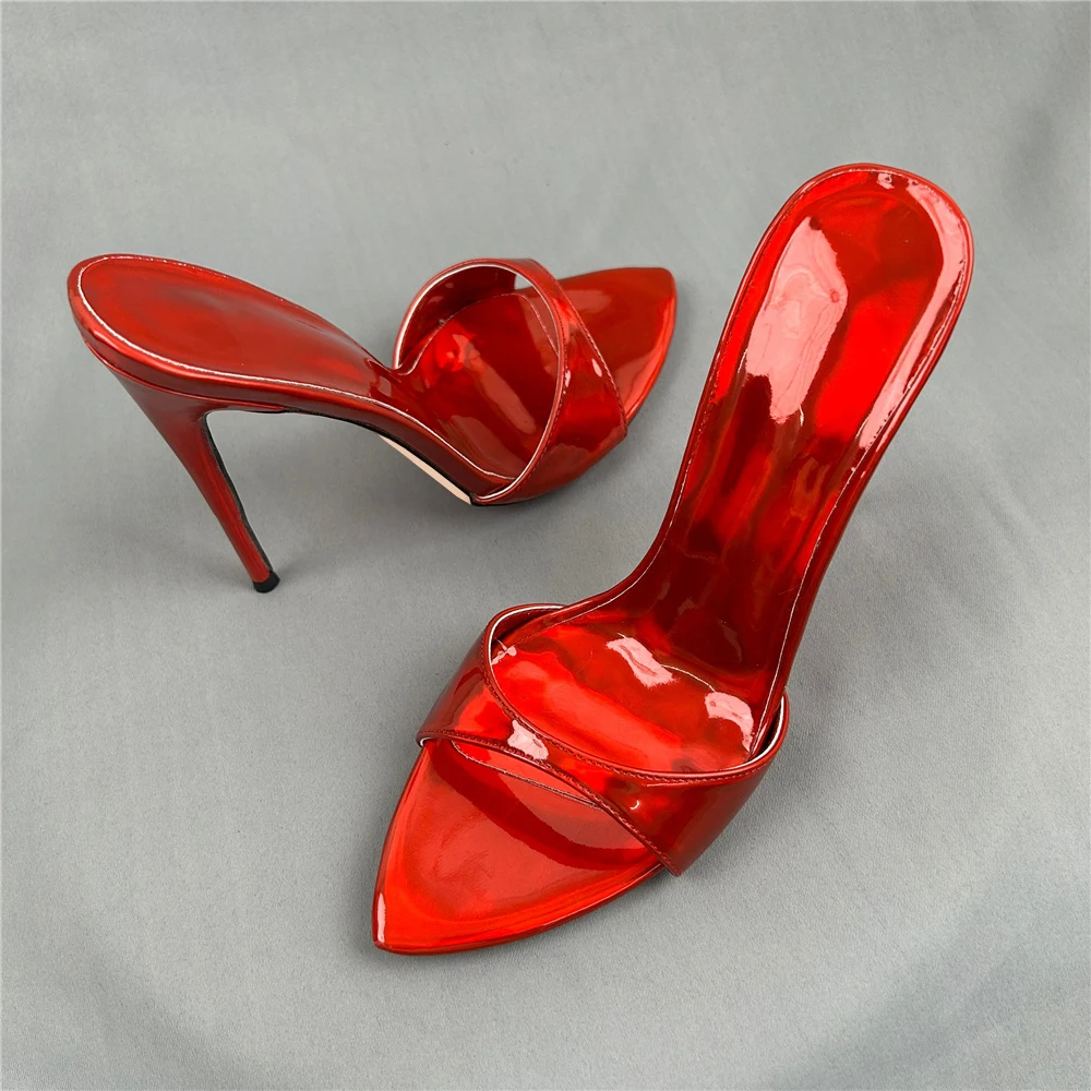 

Блестящие красные лакированные женские туфли на шпильке 12 см 10 см на высоком каблуке Сексуальные тапочки без шнуровки с открытым носком Женские сандалии с открытой пяткой Туфли для вечеринок