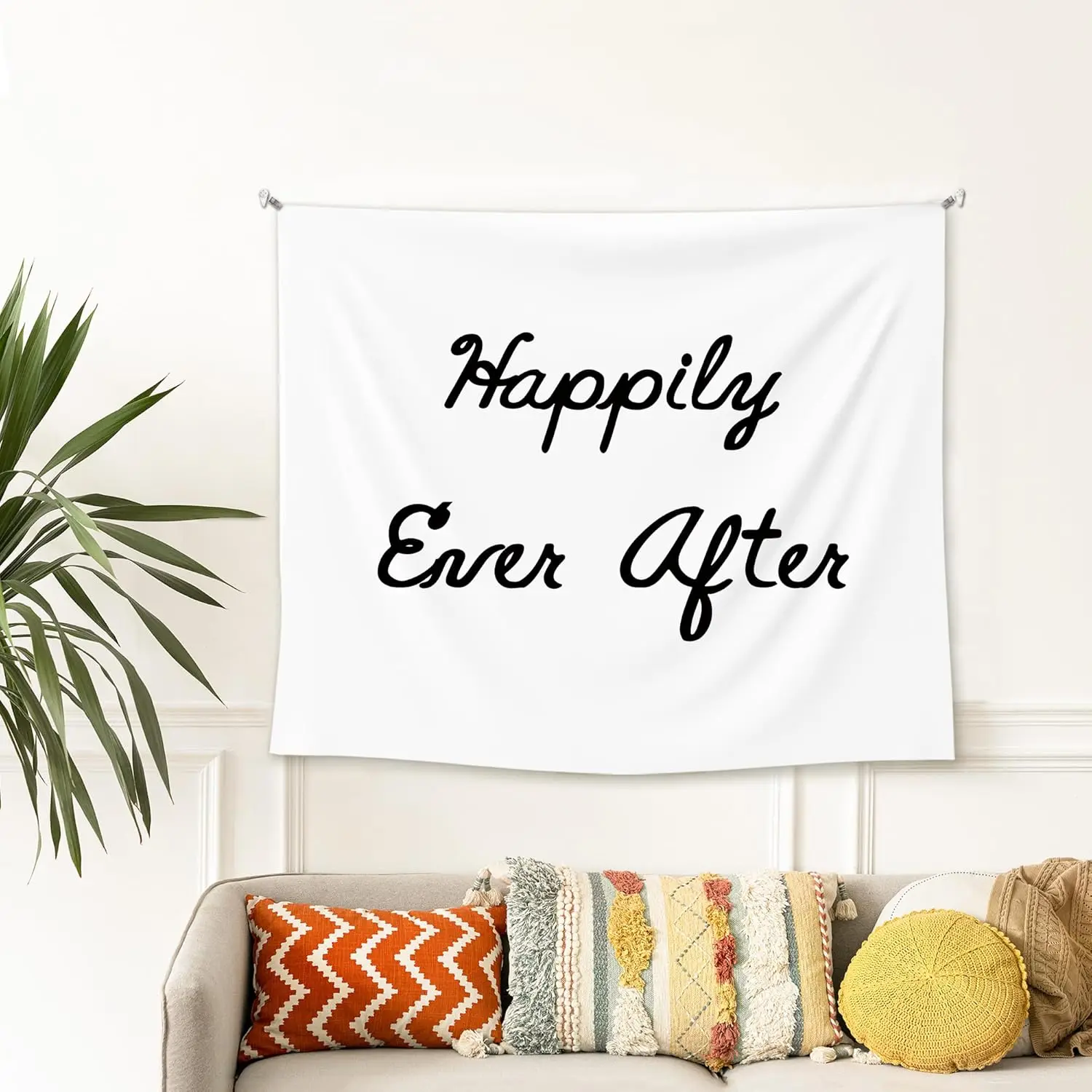 Happily Ever After Wedding Tapestry, Engagement Wall Tapestry for Bedroom, Minimalist Black and White Wedding Party Tapestries