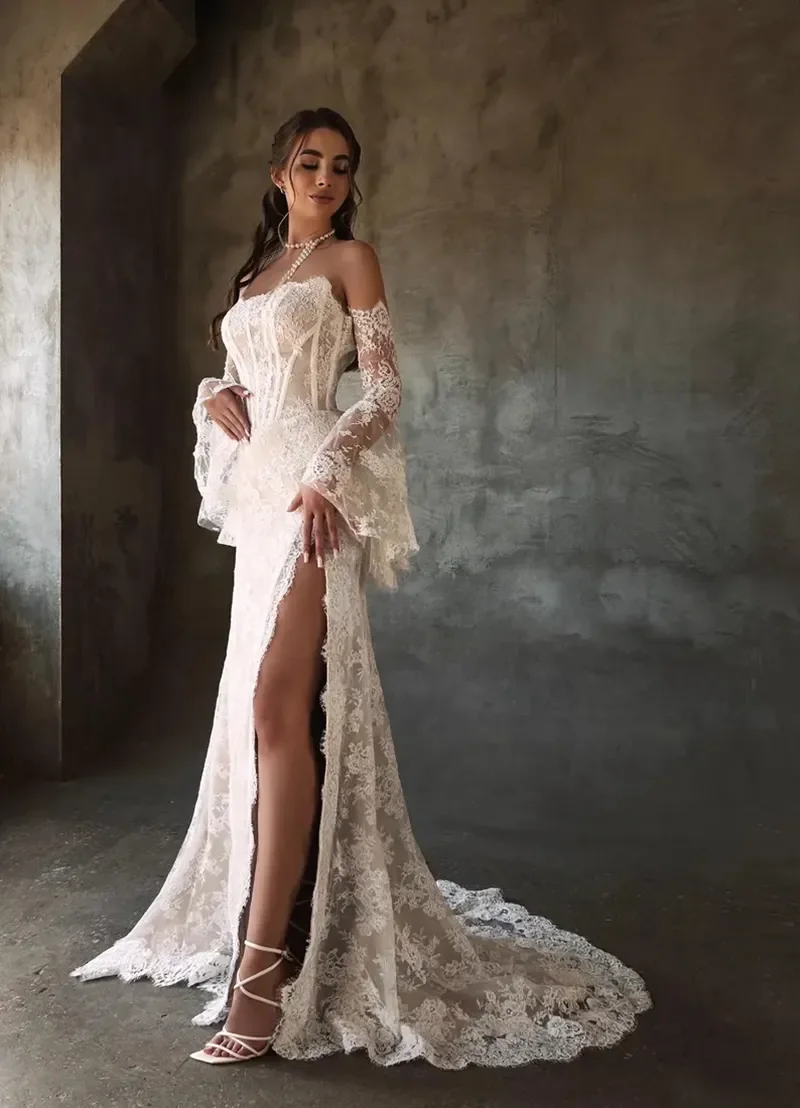 Bohemian Strapless Lace Mermaid Wedding Dress with Side Split Detachable Long Sleeves Bridal Gown for Beach Wedding