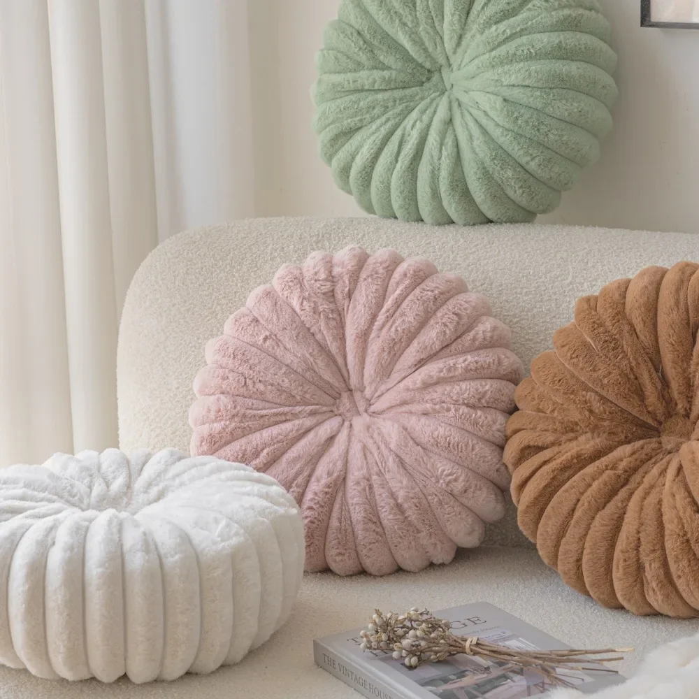 Almohada redonda de calabaza Ins, almohada suave y agradable para la piel con rayas Tie-dye, almohada con rueda de felpa de conejo de imitación, cojín para sofá y cabecera