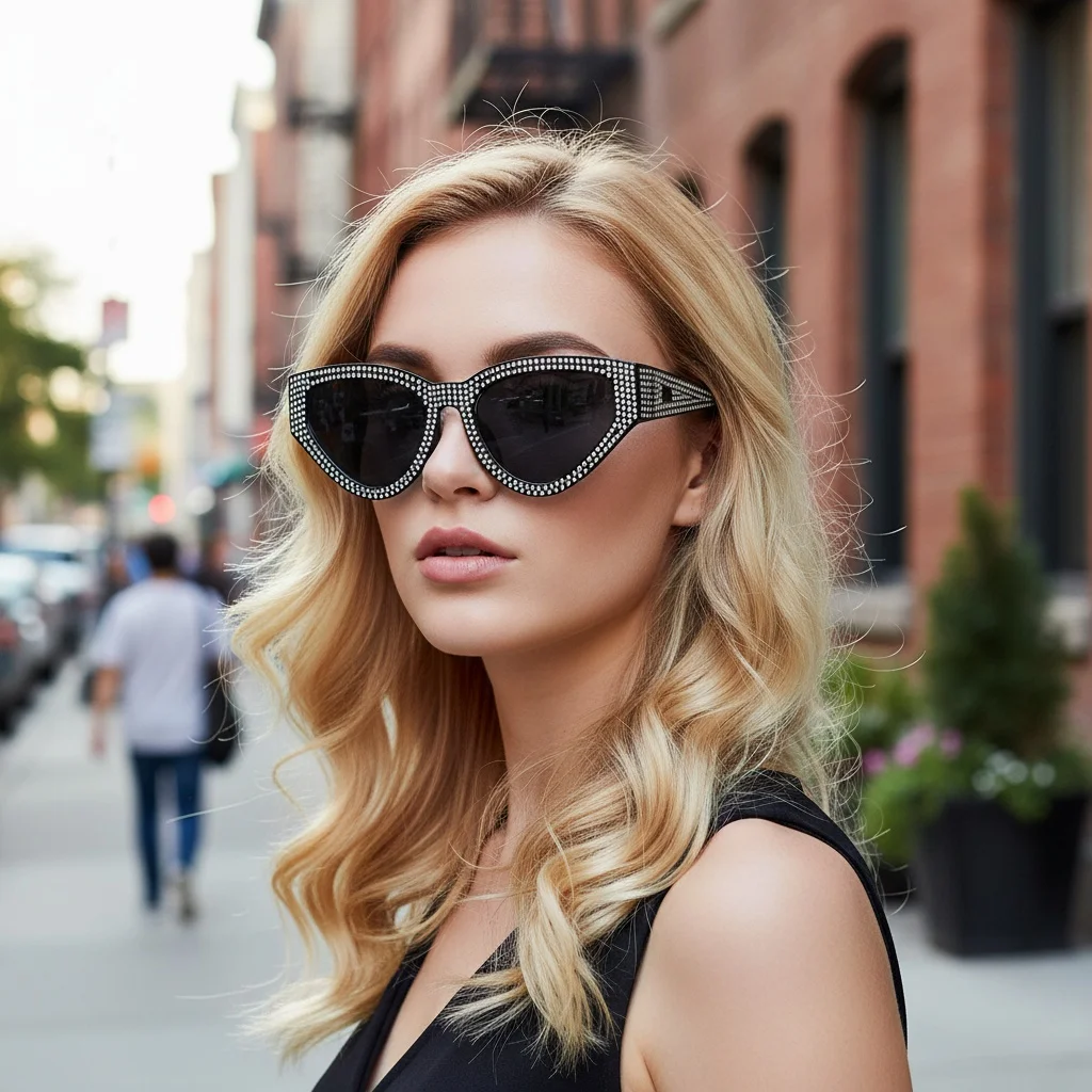 Stilvolle Voll-Diamant Katzenaugen-Sonnenbrille für Damen Unisex Internet-Berühmtheit Streetstyle-Brille 5127