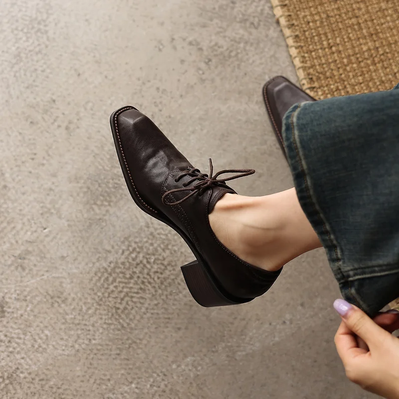 New 2027 Cow Leather Women Oxford Shoes Chunky Heel Brogue Derby Shoes Walking Footwear Lace Up Brown Leather Work Shoes Party