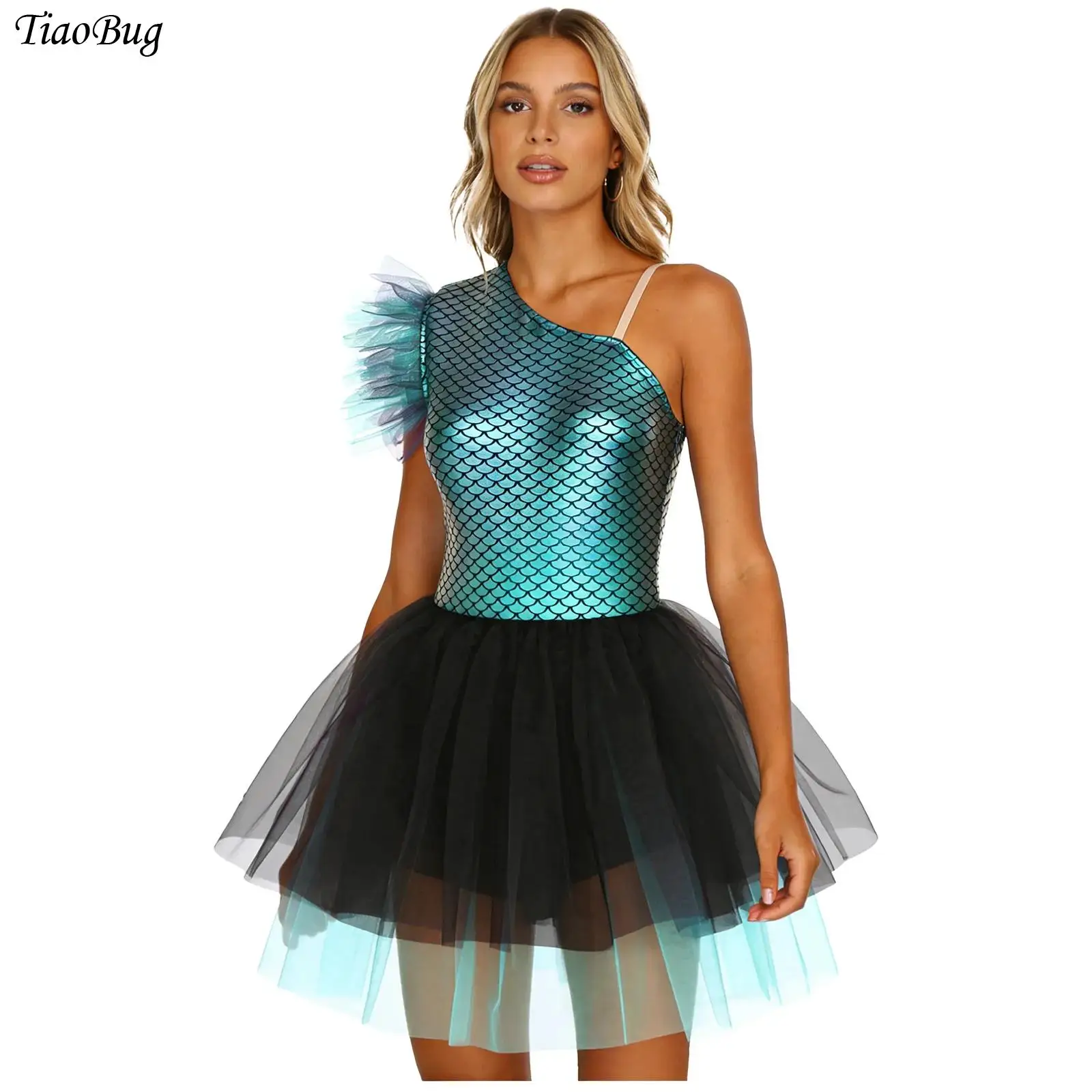 

Womens Iridescent Metallic Mermaid Cosplay Costume Fish Scale Print Tulle Ballet Tutu Leotard Dress Halloween Themed Party Dress