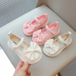 New Children's Leather Shoes Fashion Girls Party Shoes Sweet Bowtie Kids Princess Causal Pearl Ballet Performance Dress Shoes