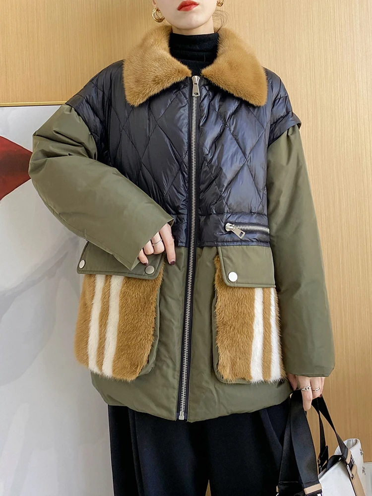 Winter Women Patchwork Mink Fur White Duck Down Jacket Vintage Thick Warm Overcoat High Quality Down Coat Oversized Streetwear