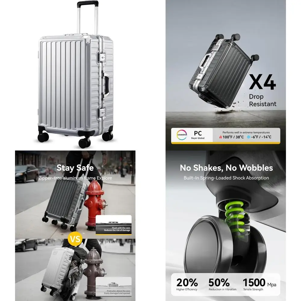 Equipaje giratorio de 24 pulgadas con marco de aluminio, maleta rígida de policarbonato sin cremallera, plateada, esencial de viaje