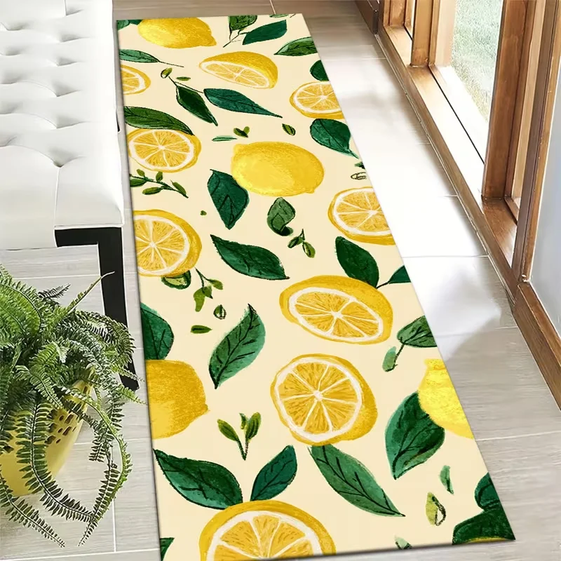 Fresh Lemon Fruit Floral Runner Rug Summer Botanical Art Pattern Long Hallway Rug for Entryway Kitchen Indoor Home Ornament