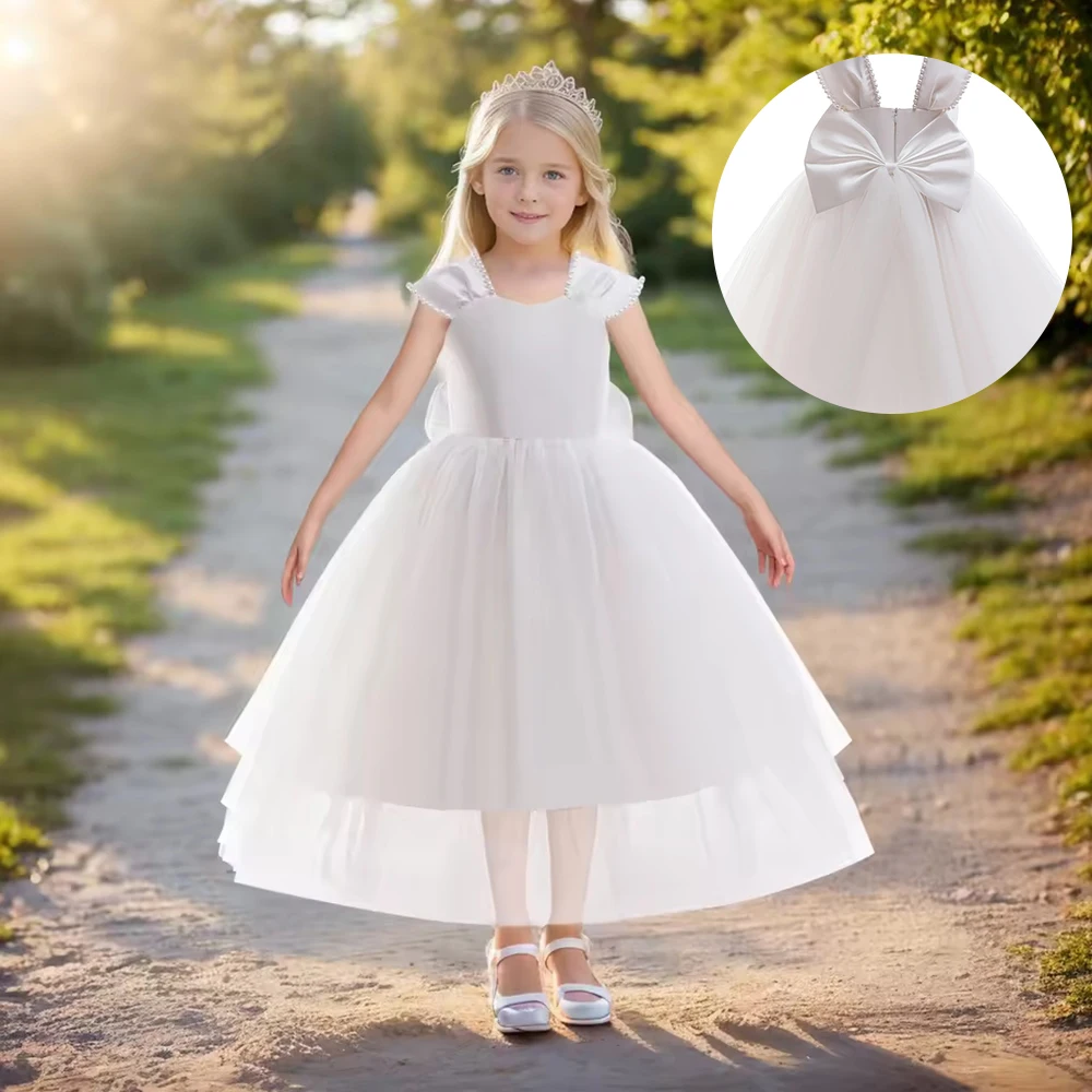 

White Color Teenage Girls Baptismal Costume Pearl Sleeve Bow Wedding Flower Girl Dress Elegant Kid Birthday Party Princess Dress