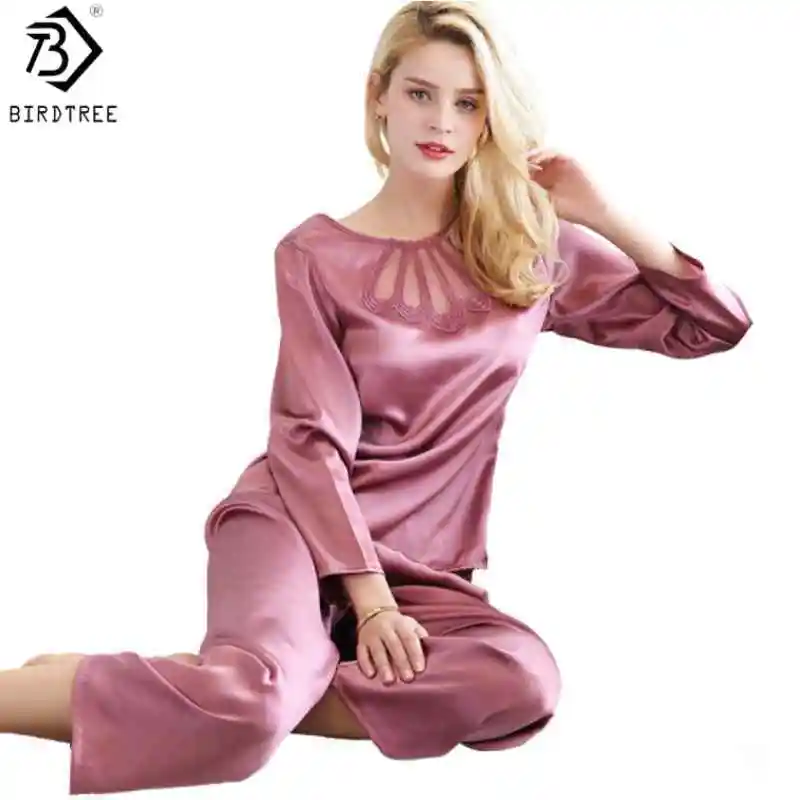 

BirdTree, комплект пижамы из 100% шелка, 16 мм, женский однотонный комплект с длинным рукавом, рубашка и брюки с круглым вырезом, повседневная домашняя одежда с кружевом, новинка 2026 года P61710JF