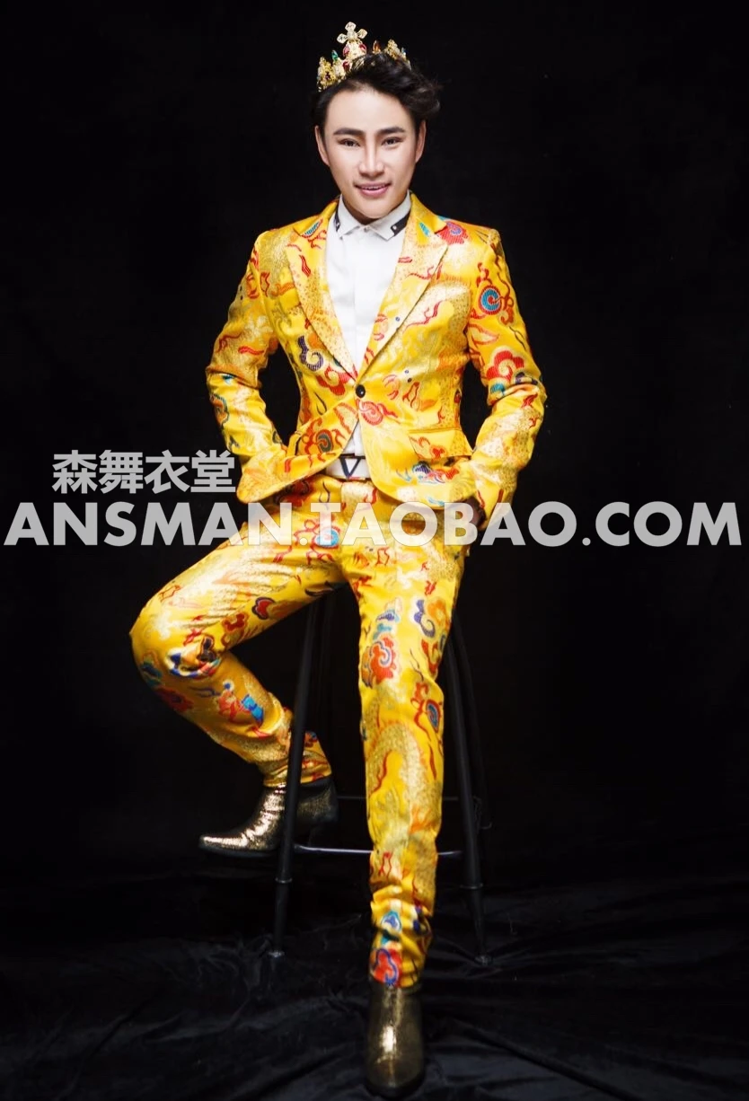 Hombres Slim club nocturno DJ Bars Blazer alta costura bata de dragón trajes abrigo trajes de cantante masculino ropa de escenario vestido Formal de moda
