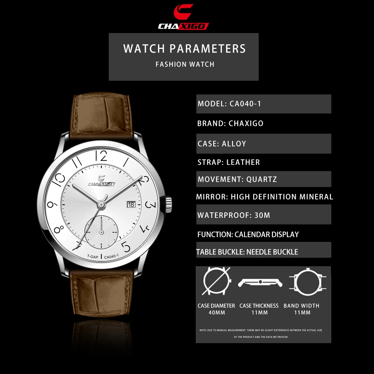 ساعة CHAXIGO للرجال بحزام جلدي، طراز بسيط، مقاومة للماء حتى 30 مترًا، حزام جلدي كلاسيكي، حركة كوارتز
