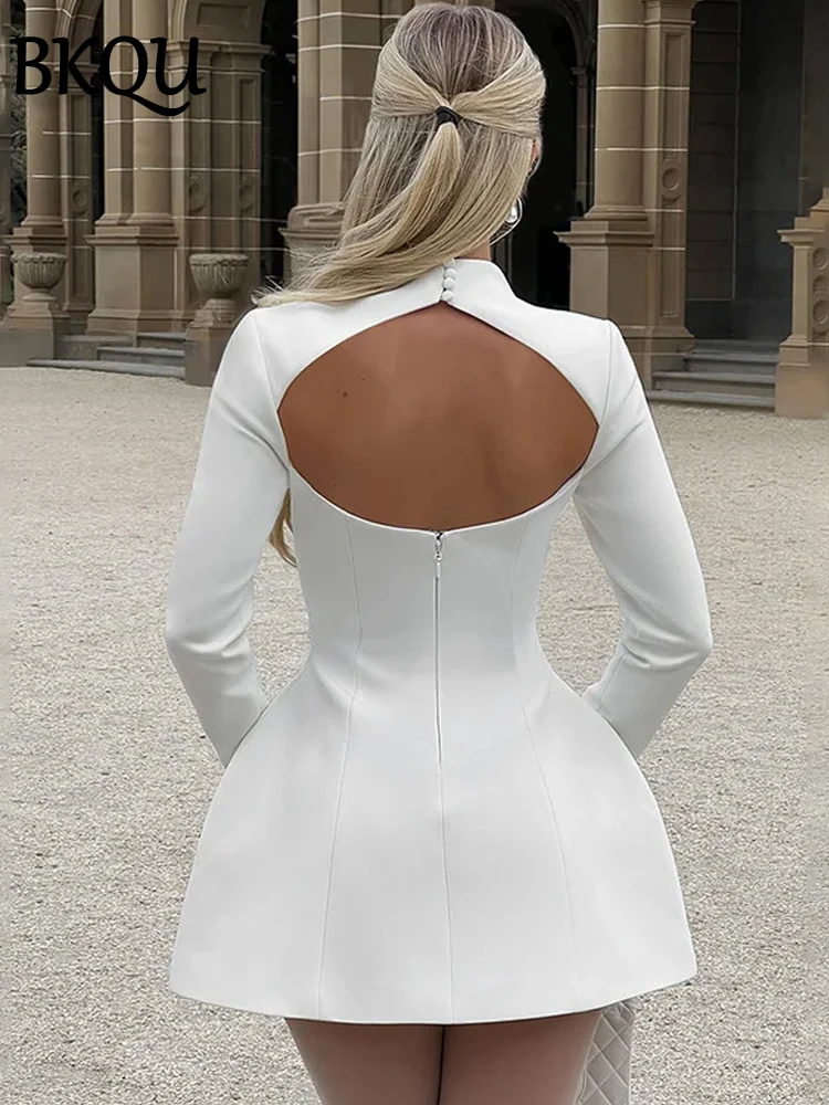 BKQU Elegant Solid Backless Mini Dress Women High Waist Fashion Long Sleeve Slim A-line Dresses 2024 Autumn Party Evening Dress